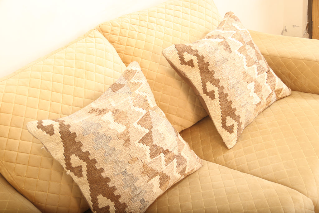 Luxury Beige & Brown Geometric Wool Cushion Set of 2 | Square Cushions