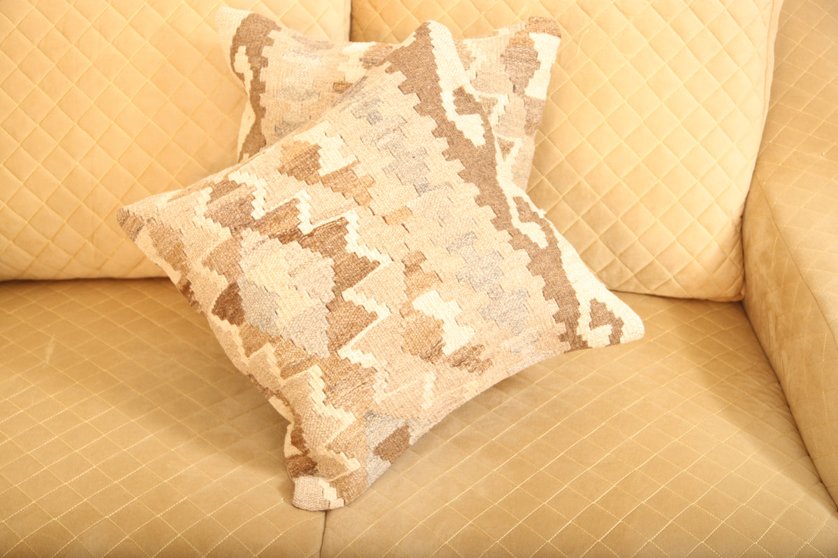 Luxury Beige & Brown Geometric Wool Cushion Set of 2 | Square Cushions