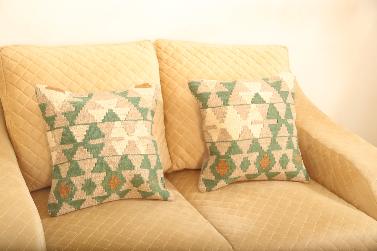 Luxury Green & Beige Geometric Wool Cushion Set of 2 | Square Cushions