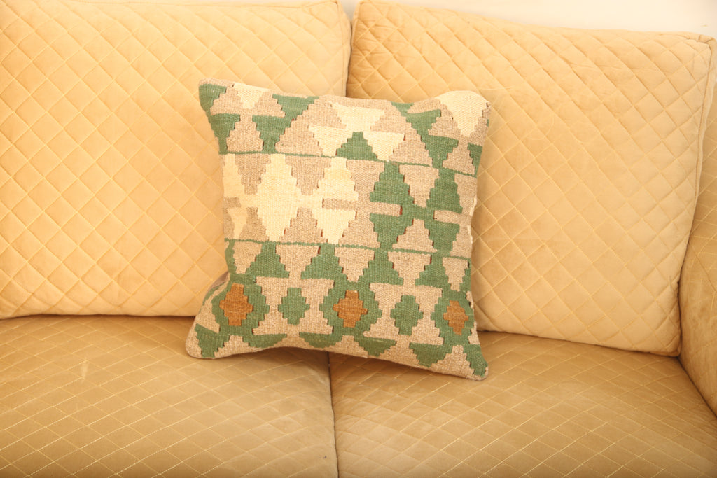 Luxury Green & Beige Geometric Wool Cushion Set of 2 | Square Cushions