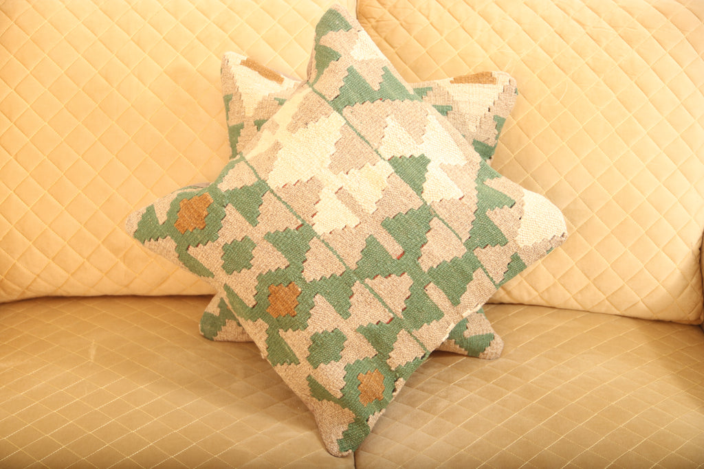 Luxury Green & Beige Geometric Wool Cushion Set of 2 | Square Cushions