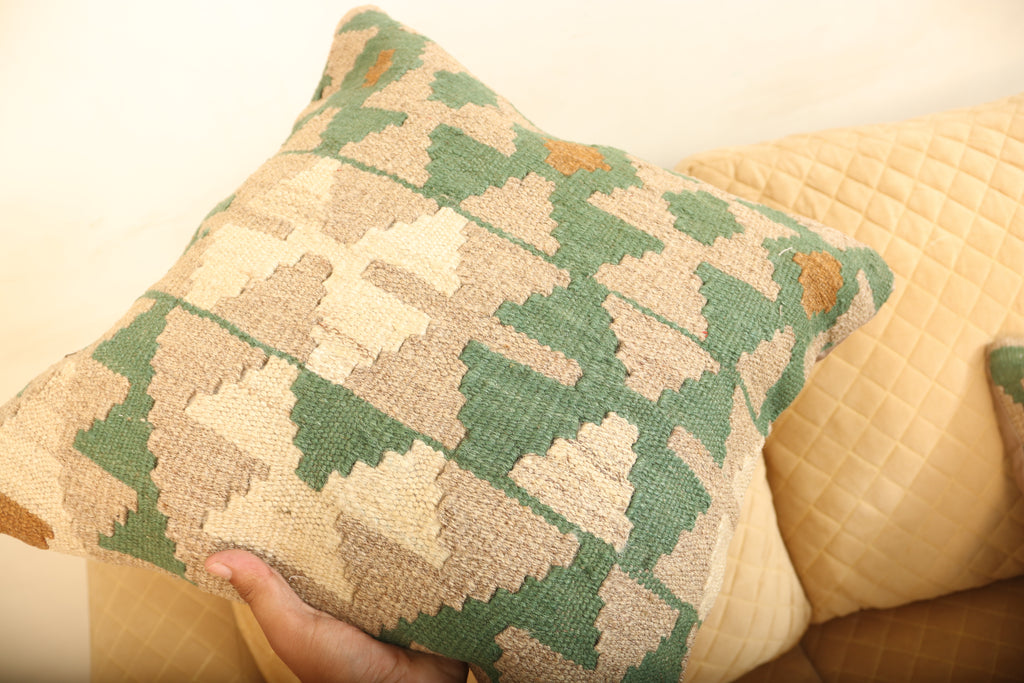 Luxury Green & Beige Geometric Wool Cushion Set of 2 | Square Cushions