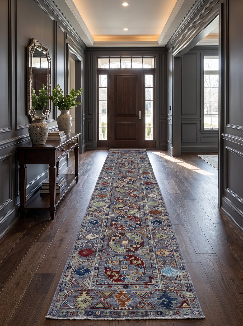 2x13 Gray Chobi Runner Rug | Handmade Wool & Cotton Floral Rug | Luxury Chobi Rug