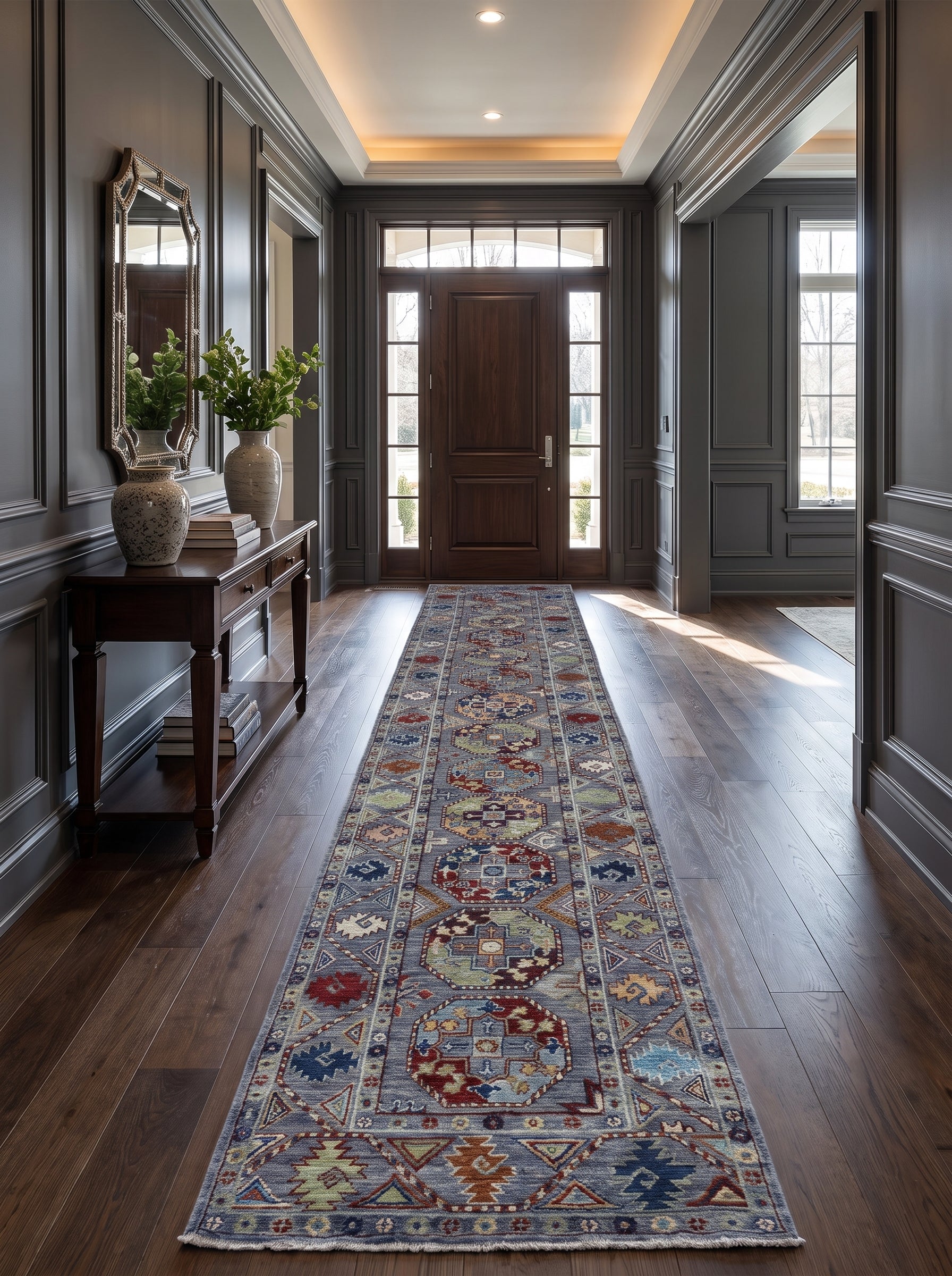 2x13 Gray Chobi Runner Rug | Handmade Wool & Cotton Floral Rug | Luxury Chobi Rug