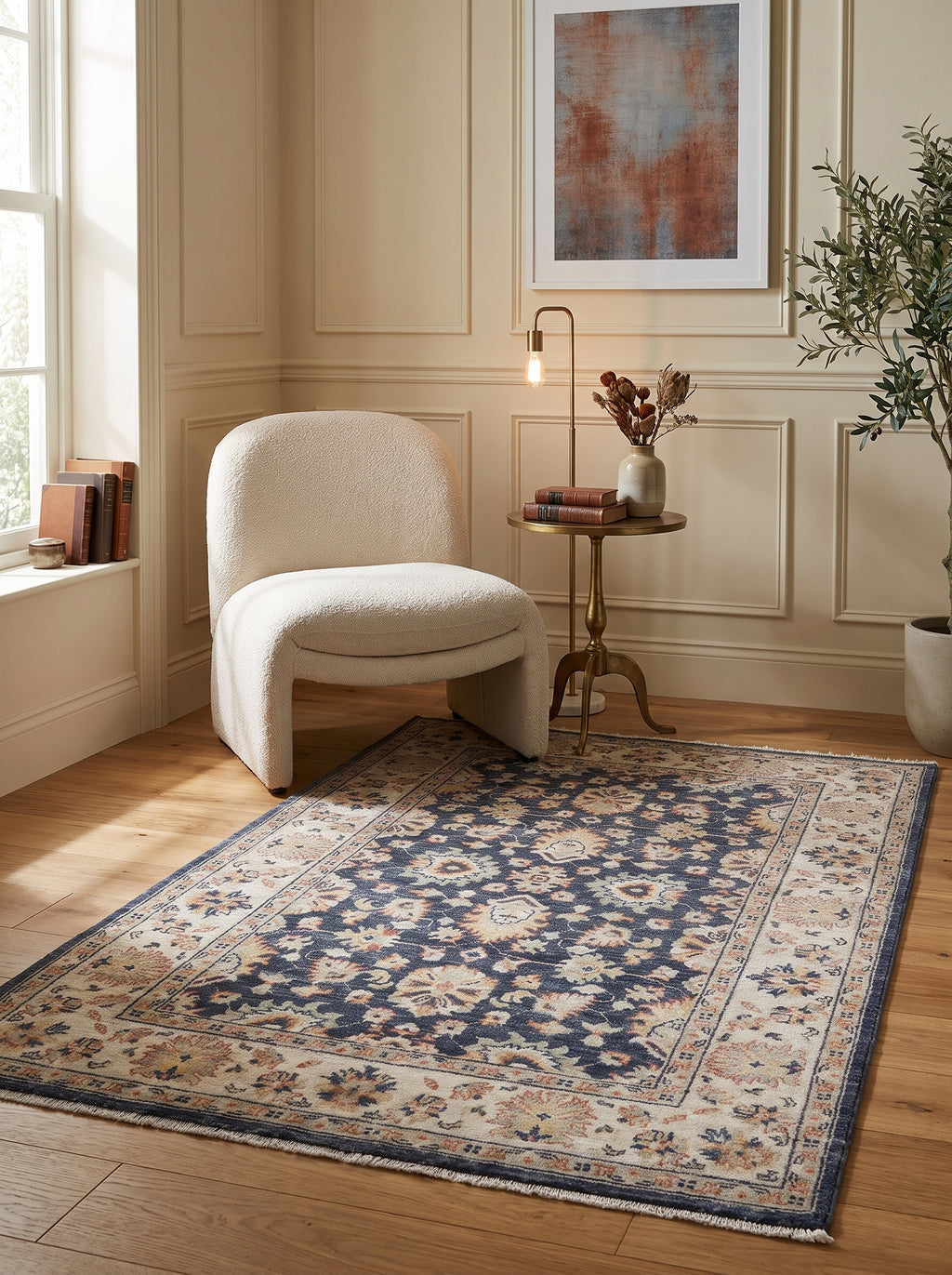 3x5 Beige & Blue Chobi Area Rug | Handmade Wool & Cotton Floral Rug | Luxury Chobi Rug