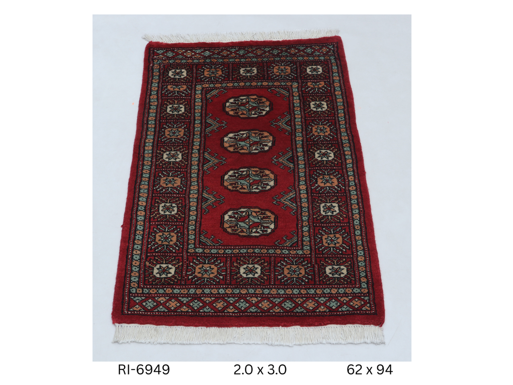 2x3 Red Mori Bokhara Handmade Wool Cotton Geometric Rug Azo Free Dyeing