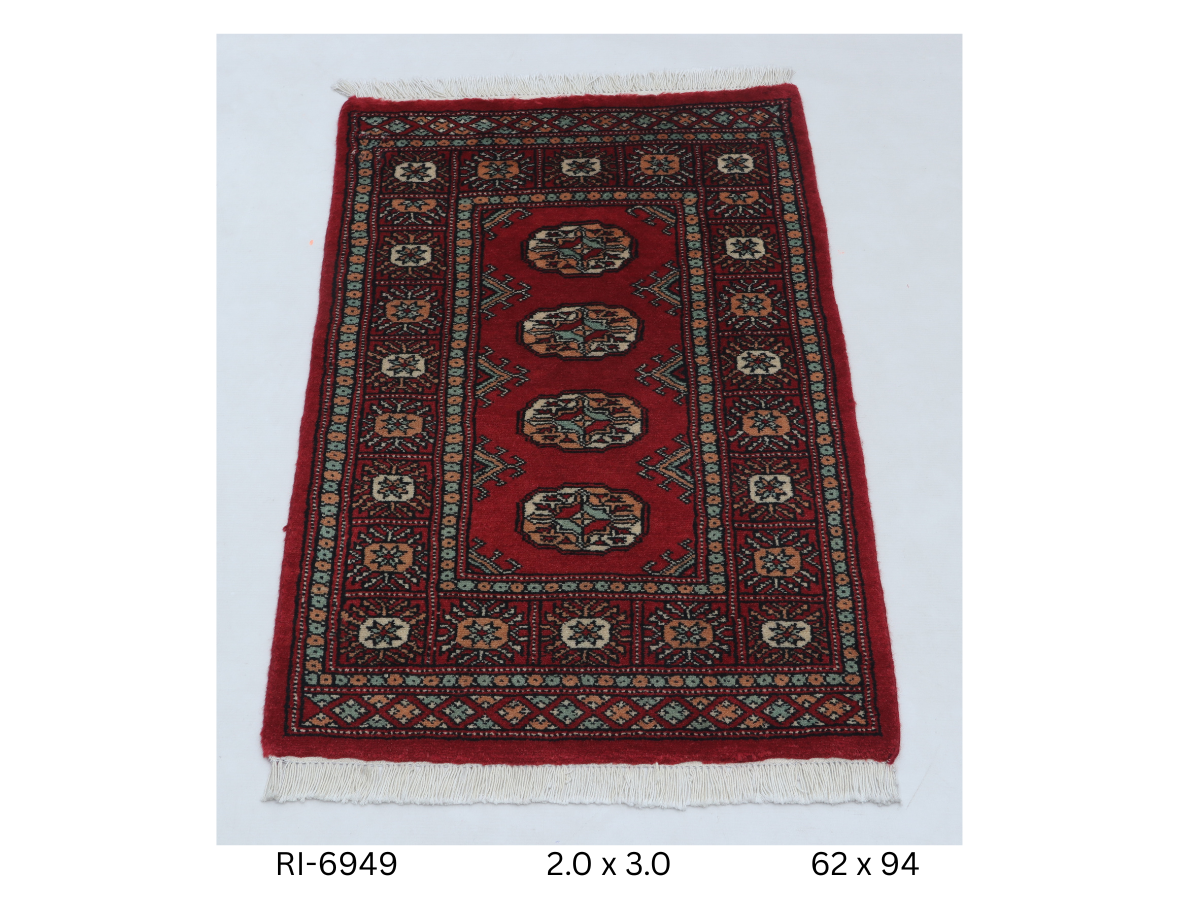 2x3 Red Mori Bokhara Handmade Wool Cotton Geometric Rug Azo Free Dyeing