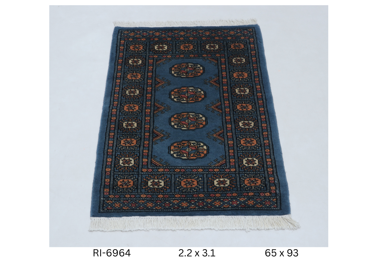 2x3 Blue Mori Bokhara Handmade Wool & Cotton Rug | Geometric Hand-Knotted Area Rug