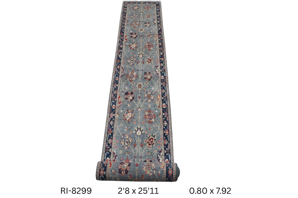 3x26 Gray and Blue Chobi Handmade Wool Cotton Floral Runner Rug with Vegetable Dyeing
