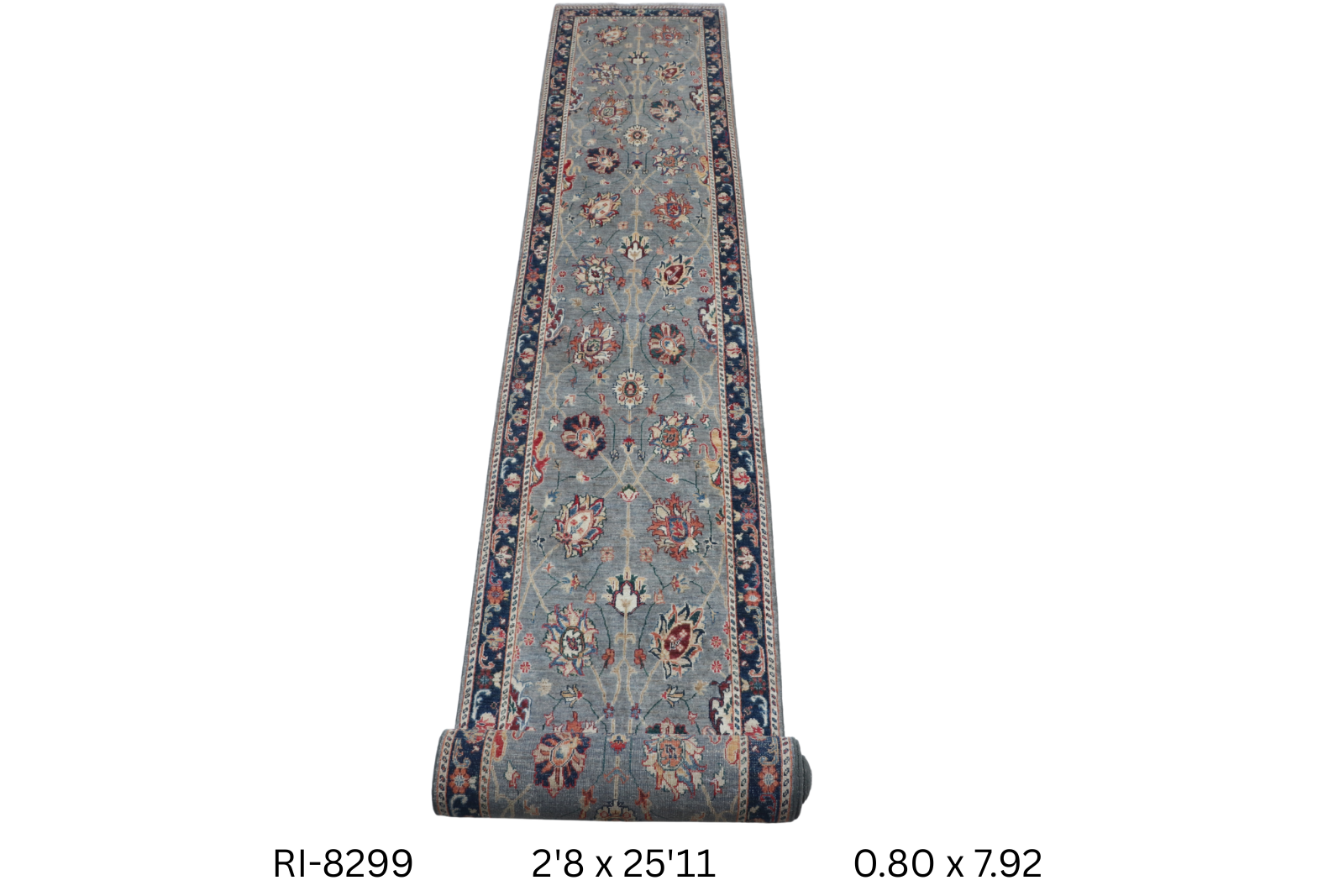 3x26 Gray and Blue Chobi Handmade Wool Cotton Floral Runner Rug with Vegetable Dyeing