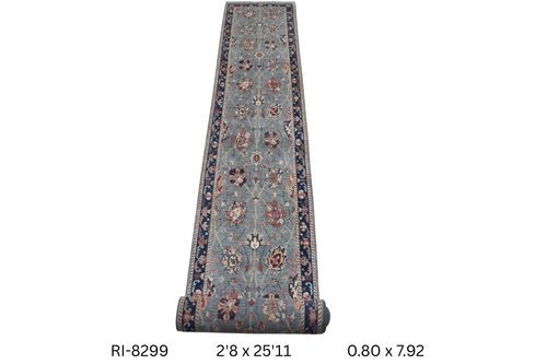 3x26 Gray and Blue Chobi Handmade Wool Cotton Floral Runner Rug with Vegetable Dyeing