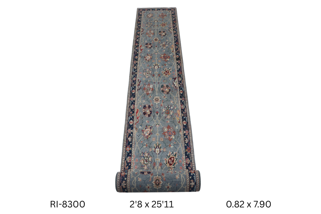 3x26 Gray Chobi Handmade Wool Cotton Floral Runner Rug with Vegetable Dyeing