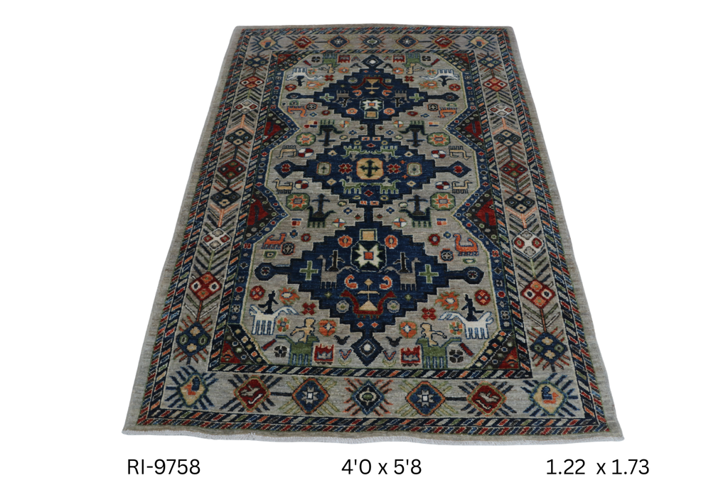 4x5.8 Gray Chobi Handmade Wool Cotton Floral Rug
