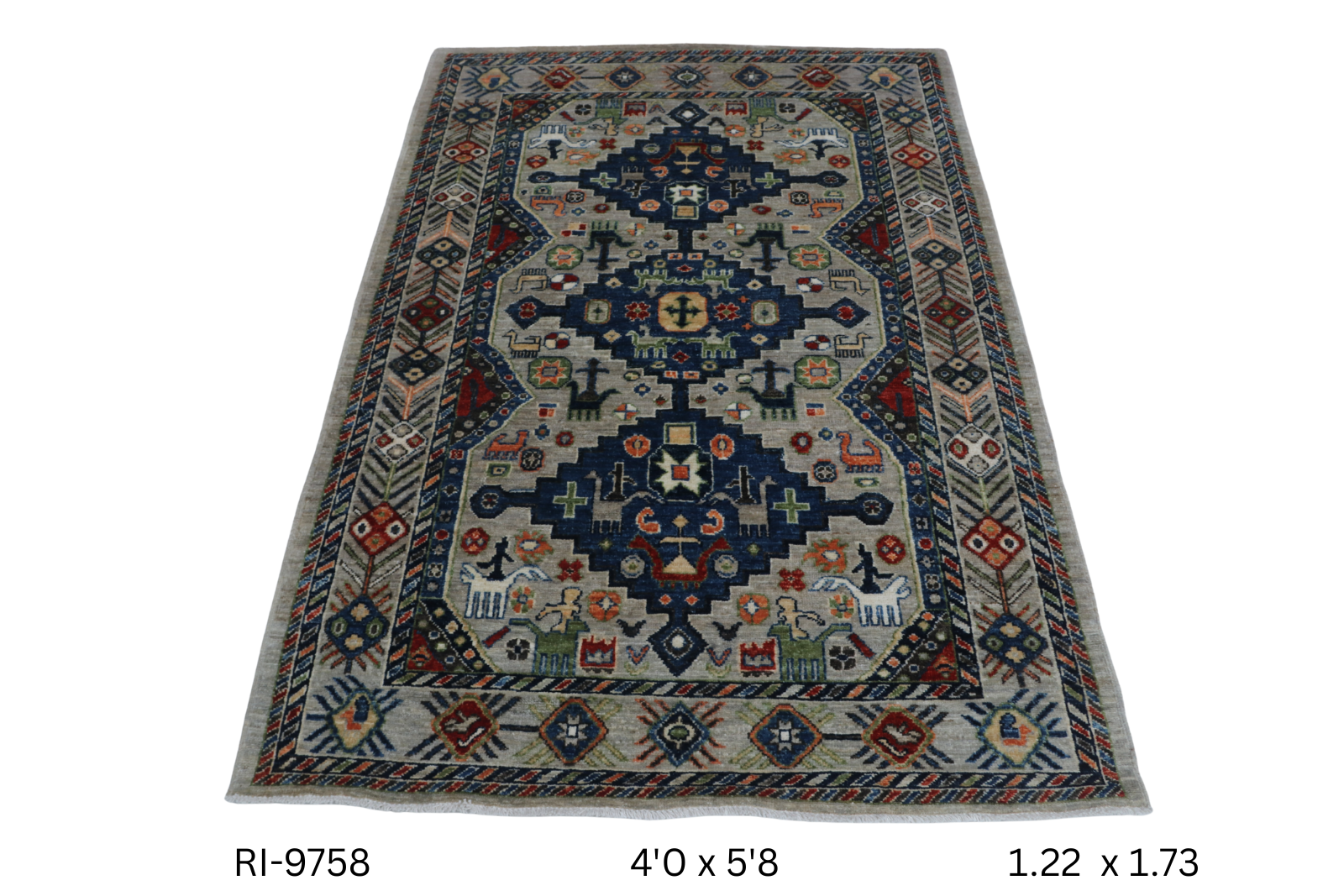4x5.8 Gray Chobi Handmade Wool Cotton Floral Rug