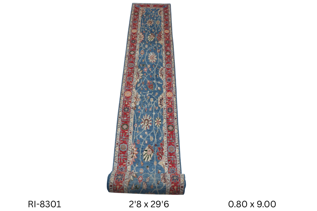 3x29 Blue and Red Chobi Handmade Wool Cotton Floral Runner Rug with Vegetable Dyeing