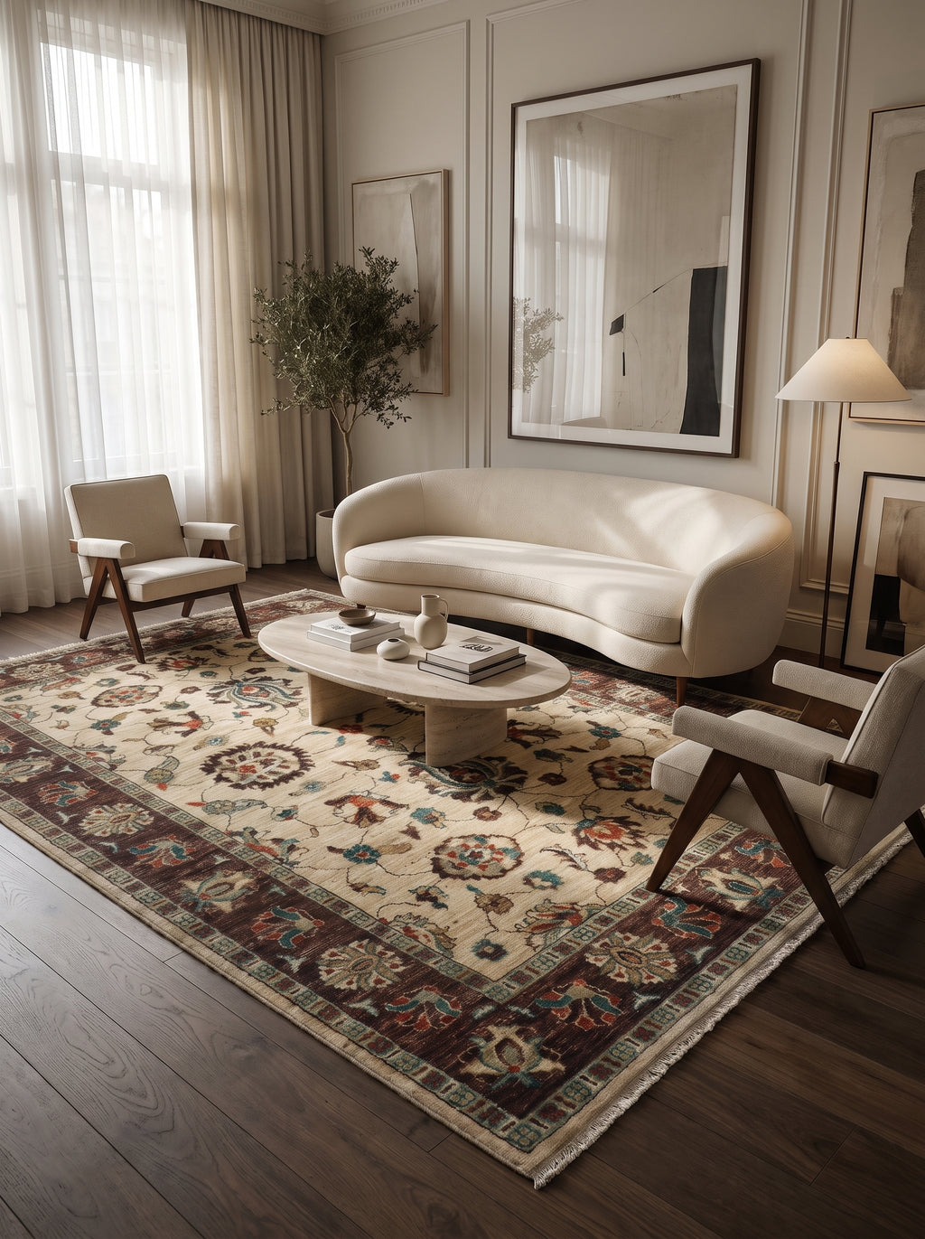 5x8 Beige & Brown Chobi Area Rug | Handmade Wool & Cotton Floral Rug | Luxury Chobi Rug