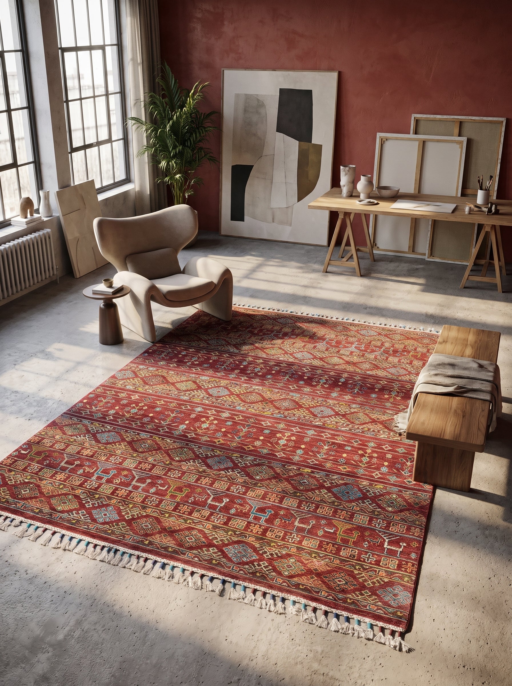 5x8 Red Khurjeen Area Rug | Handmade Wool & Cotton Rainbow Rug | Premium area rug