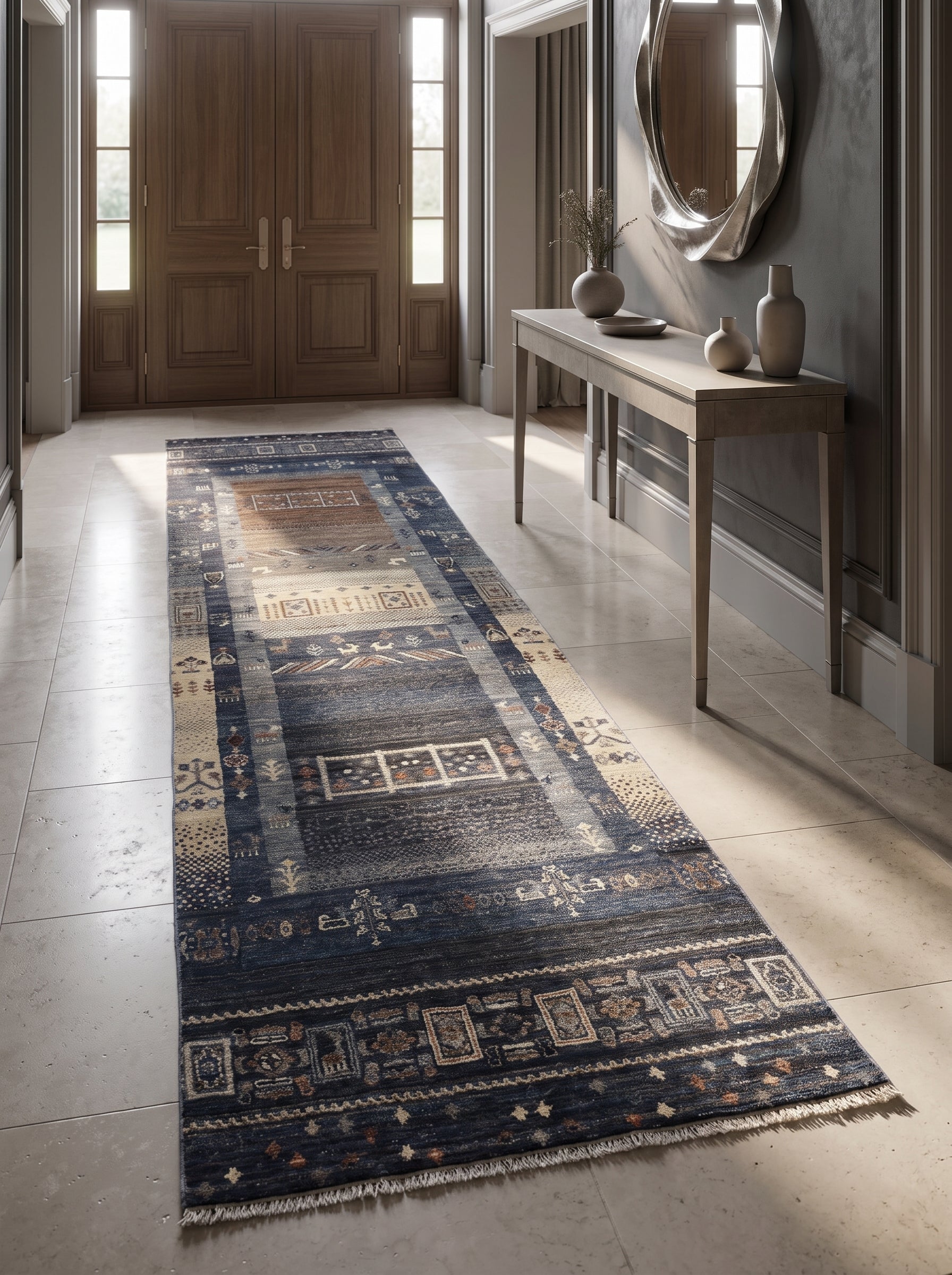 2x10 Black & Multi-Color Khurjeen Runner Rug | Handmade Wool & Cotton Rainbow Rug