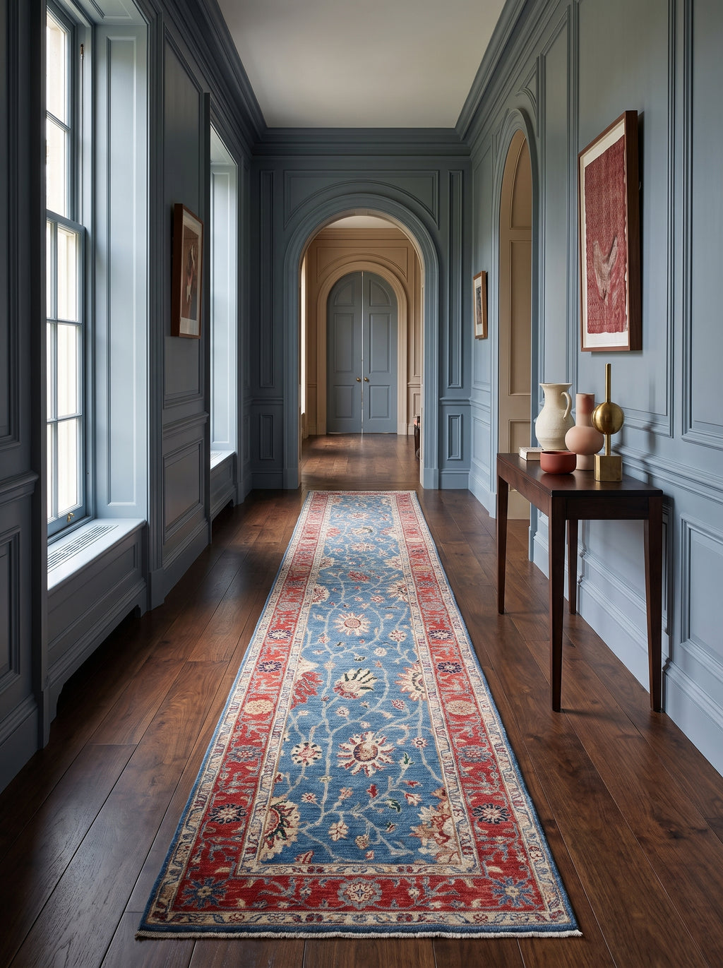 3x29 Blue & Red Chobi Runner Rug | Handmade Wool & Cotton Floral Rug | Vegetable Dyed