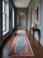 3x29 Blue & Red Chobi Runner Rug | Handmade Wool & Cotton Floral Rug | Vegetable Dyed