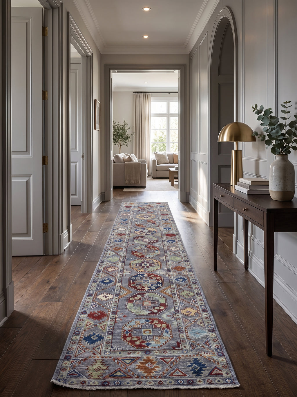 2x14 Gray Chobi Runner Rug | Handmade Wool & Cotton Floral Rug | Luxury Chobi Rug