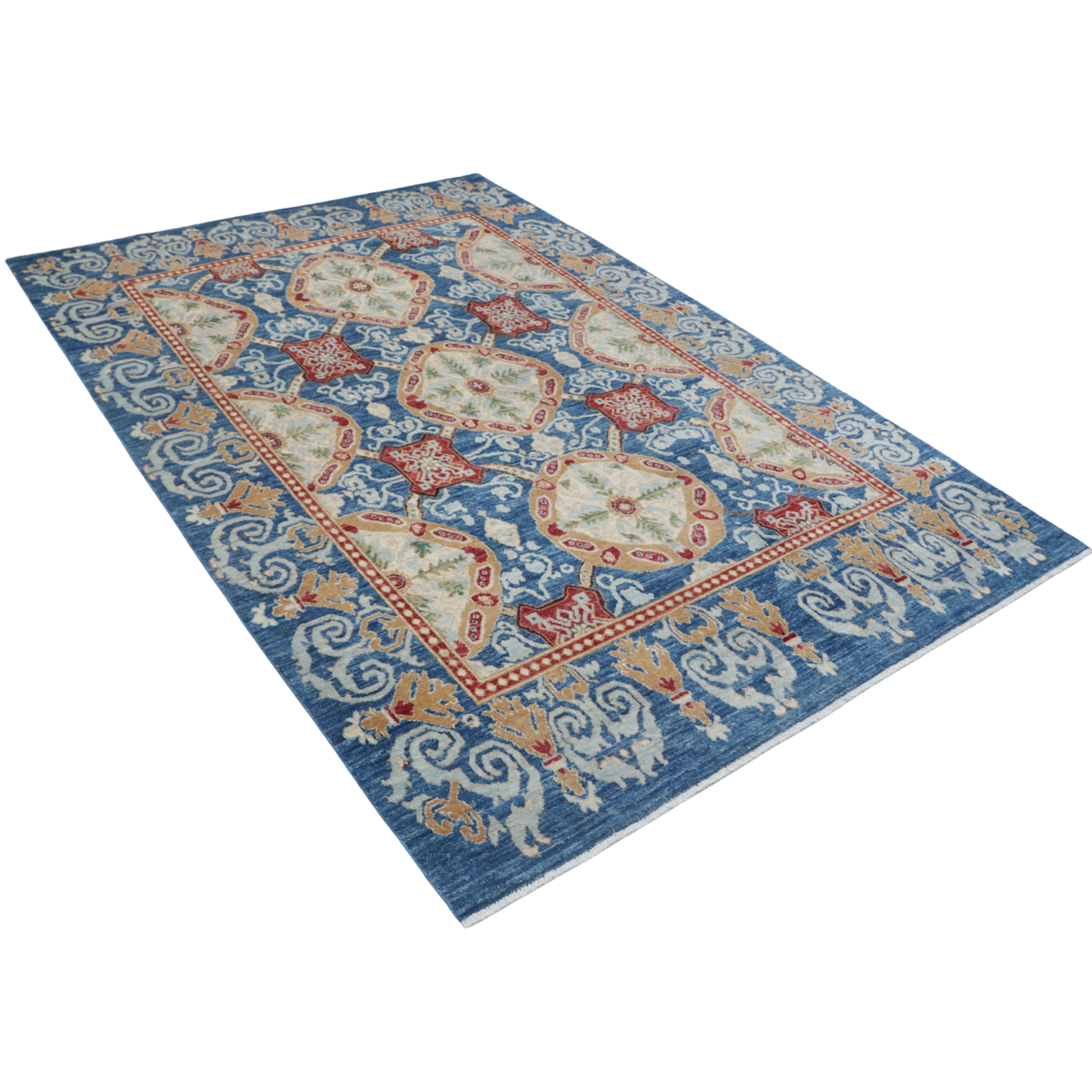 6x9 Blue Chobi Area Rug | Handmade Wool & Cotton Floral Rug | Luxury Chobi Rug