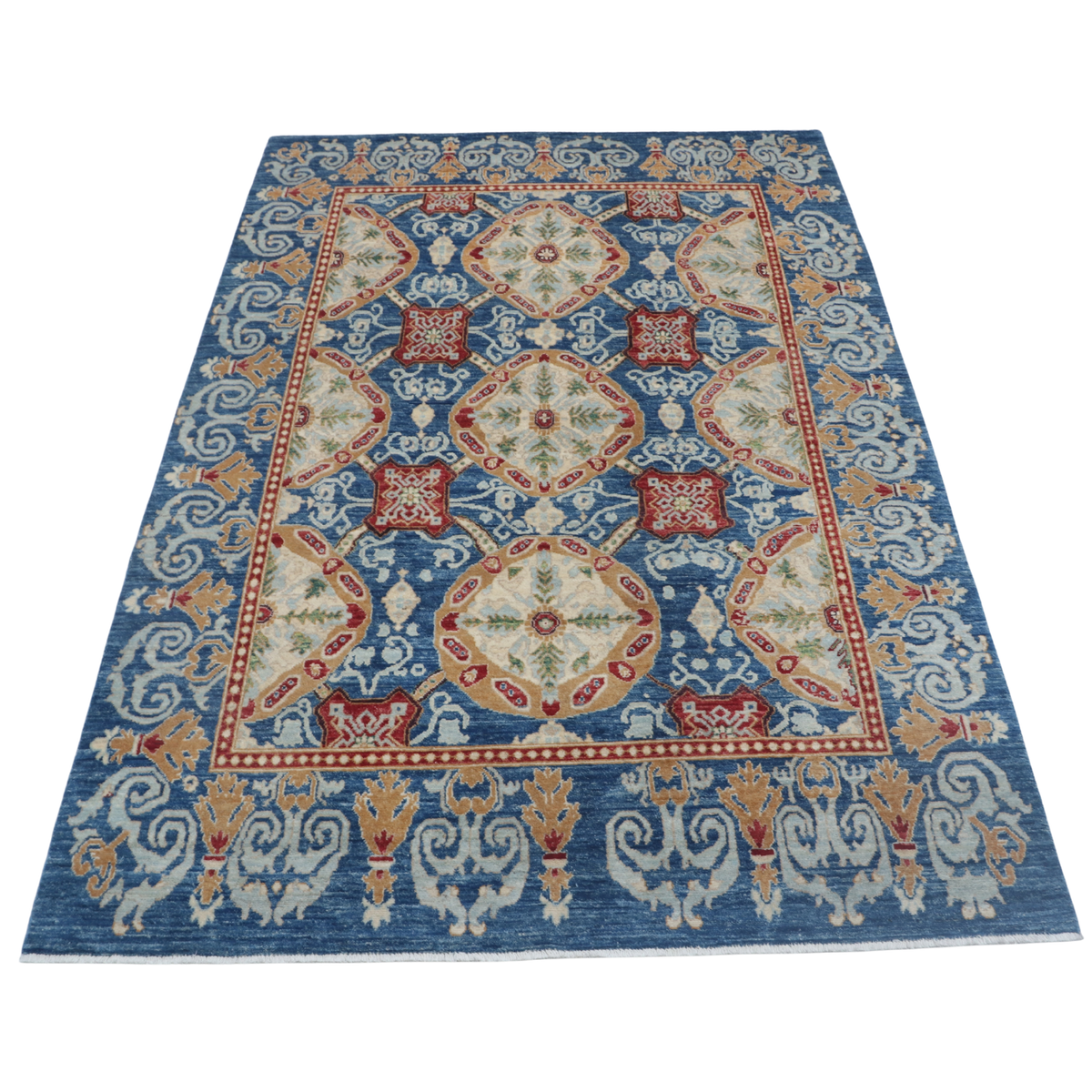6x9 Blue Chobi Handmade Wool Cotton Floral Area Rug