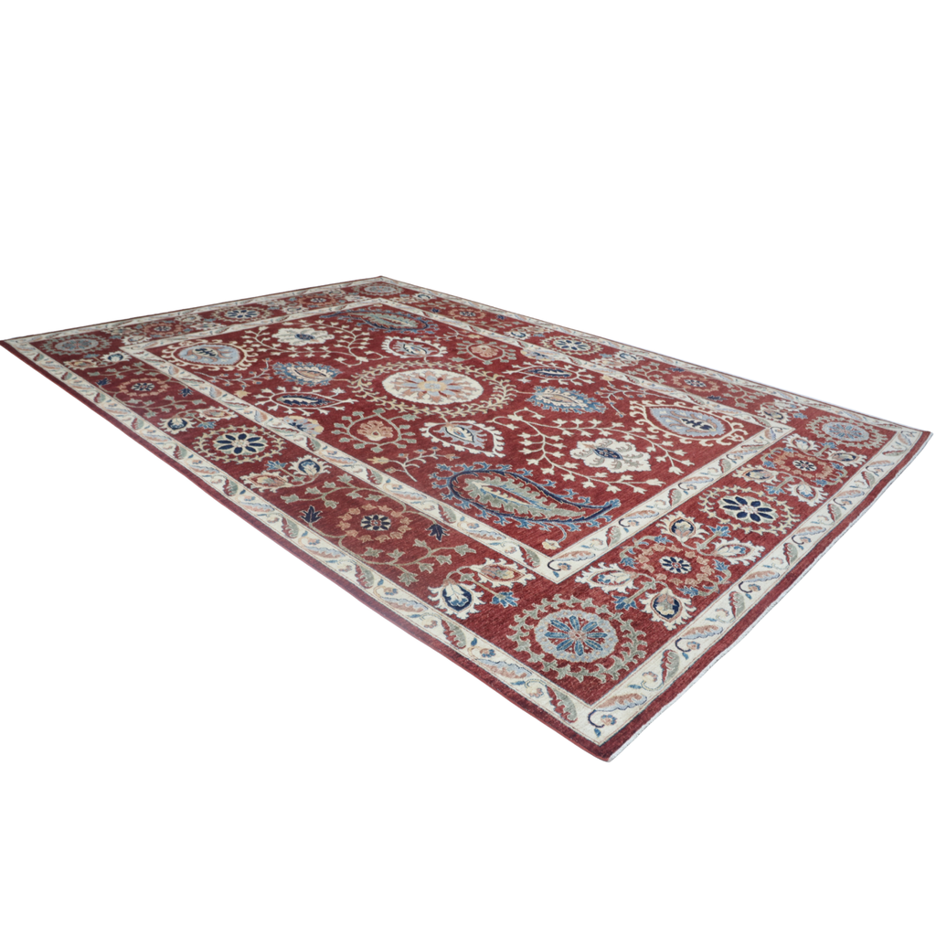 10x14 Red Chobi Area Rug | Handmade Wool & Cotton Floral Rug | Luxury Chobi Rug