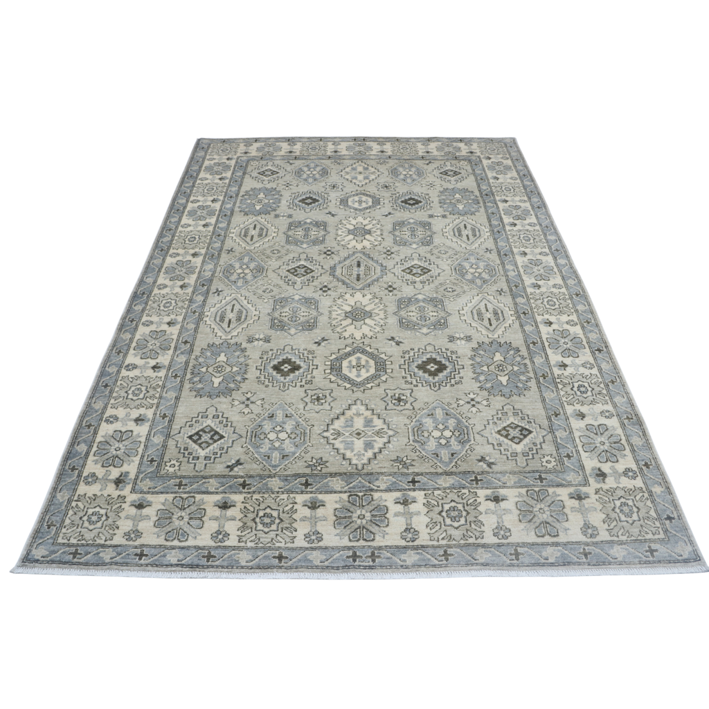 6x9 Gray & Beige Chobi Area Rug | Handmade Wool & Cotton Floral Rug | Luxury Chobi Rug