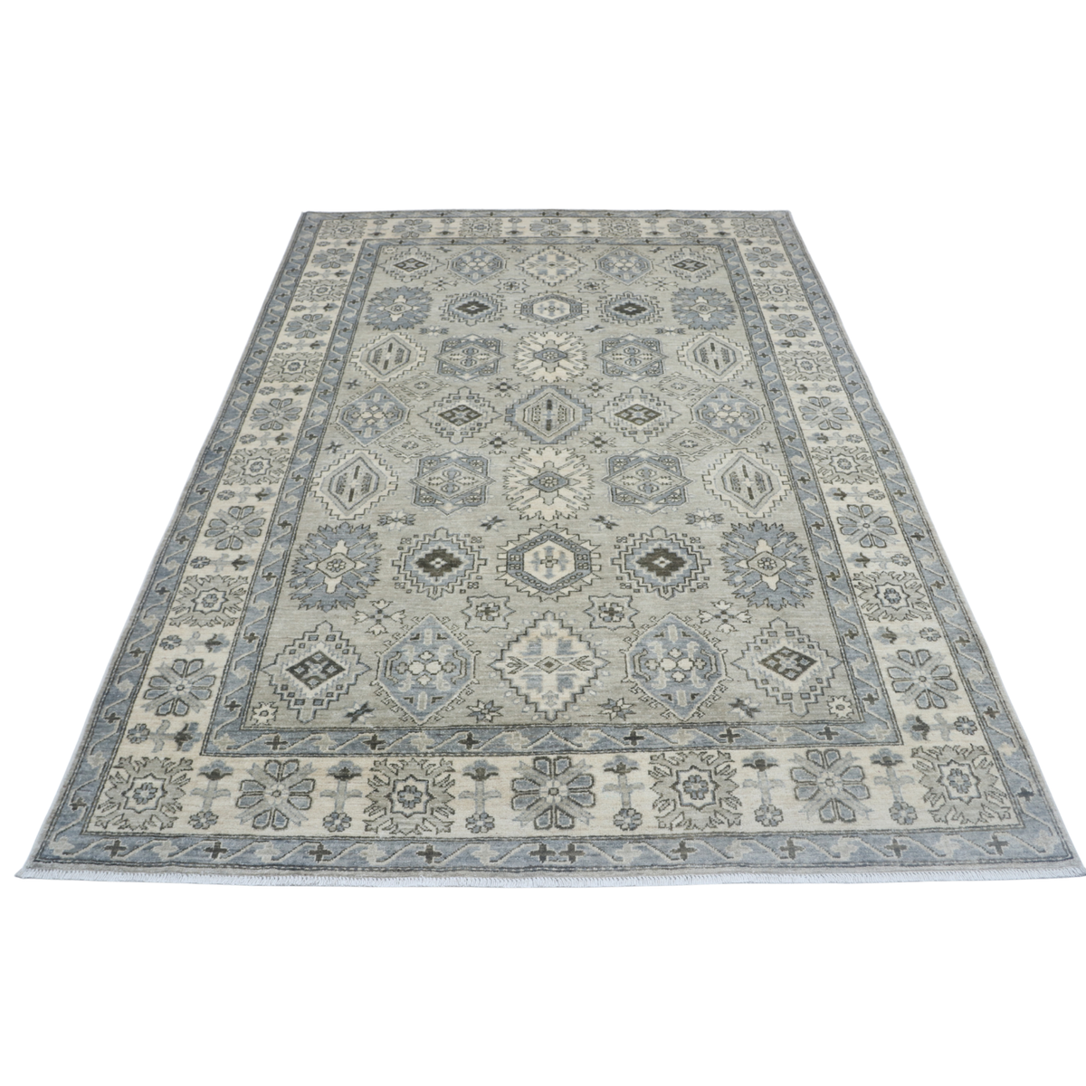 6x9 Gray & Beige Chobi Area Rug | Handmade Wool & Cotton Floral Rug | Luxury Chobi Rug