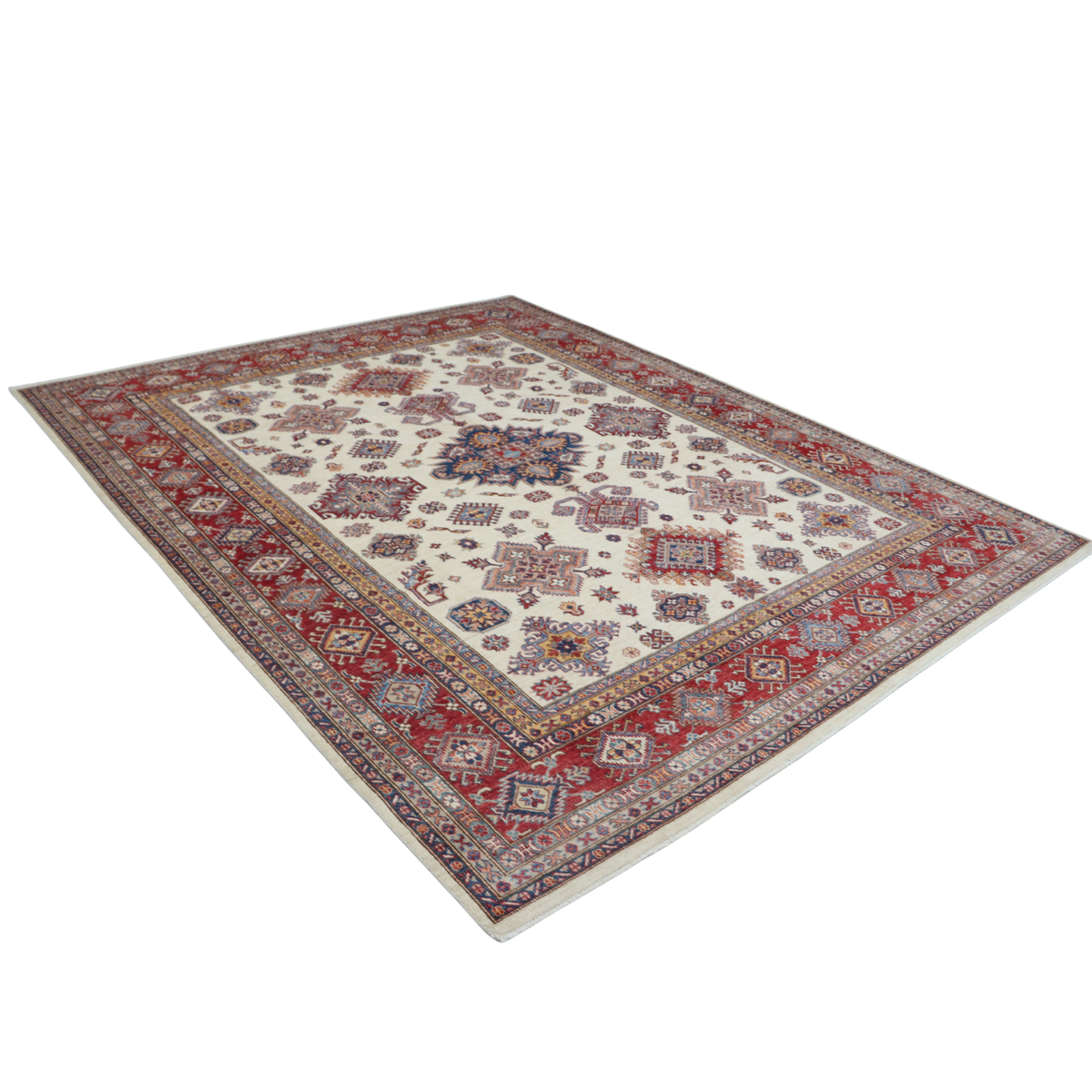 8x10 Beige Super Kazak Geometric Area Rug | Handmade Wool & Cotton Rug