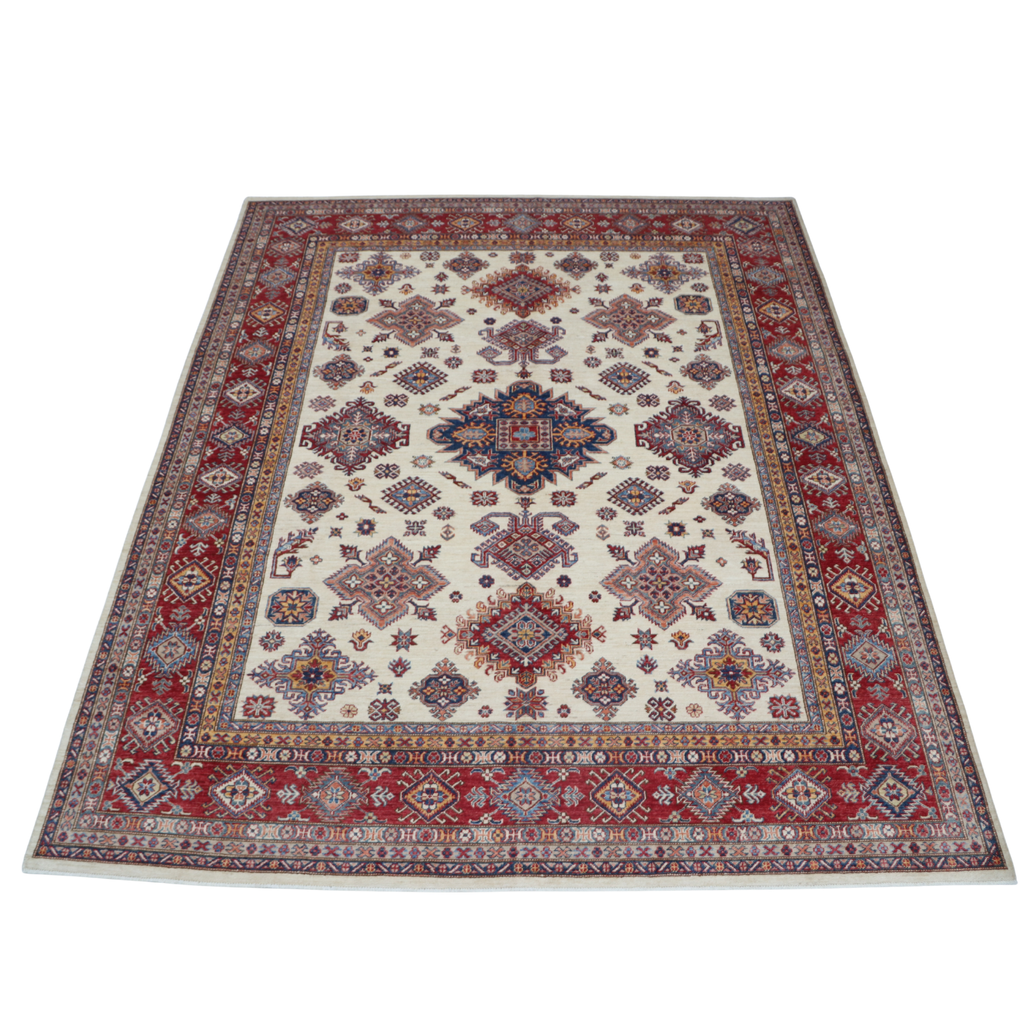 8x10 Beige Super Kazak Geometric Area Rug | Handmade Wool & Cotton Rug