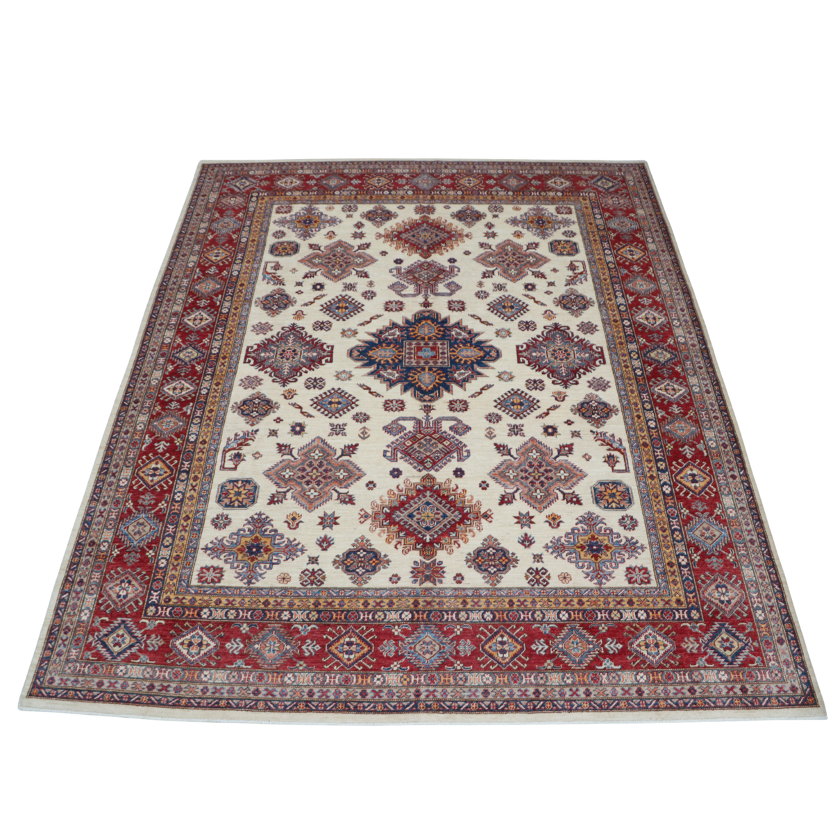 8x10 Beige Super Kazak Geometric Area Rug | Handmade Wool & Cotton Rug