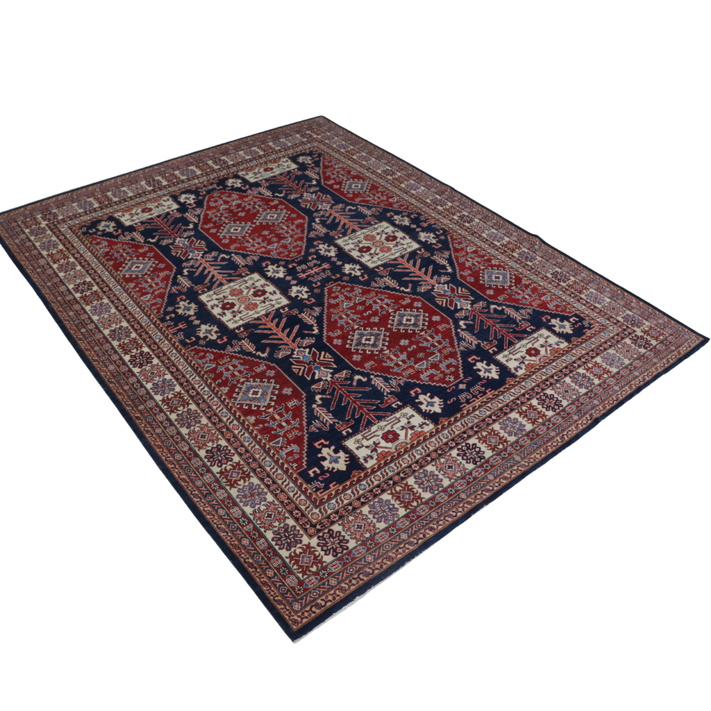 9x12 Blue Super Kazak Geometric Area Rug | Handmade Wool & Cotton Rug