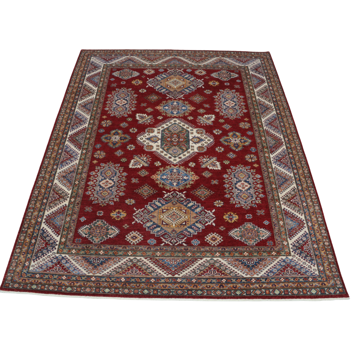 8x10 Red Super Kazak Geometric Area Rug | Handmade Wool & Cotton Rug