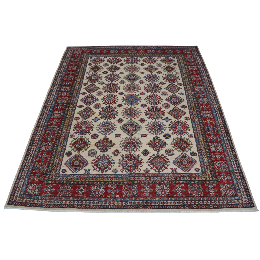 8x10Red & Beige Super Kazak Geometric Handmade Cotton & Wool Rug | Premium Luxury Area Rug