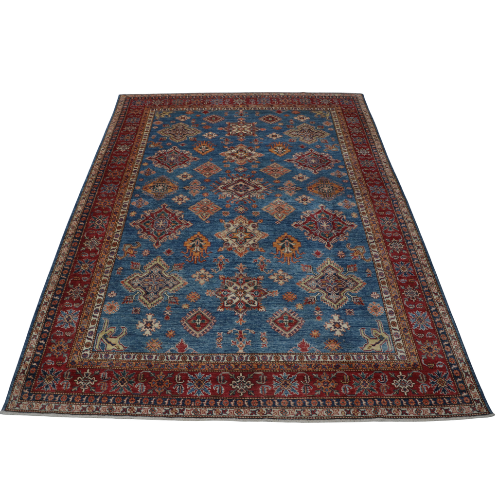 8x11 Blue Super Kazak Geometric Area Rug | Handmade Wool & Cotton Rug