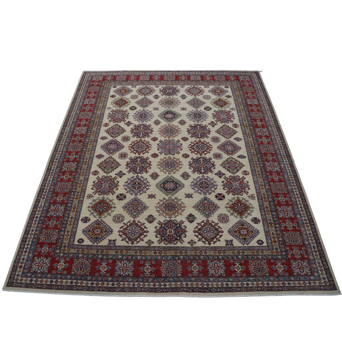8x10 Beige Super Kazak Geometric Area Rug | Handmade Wool & Cotton Rug
