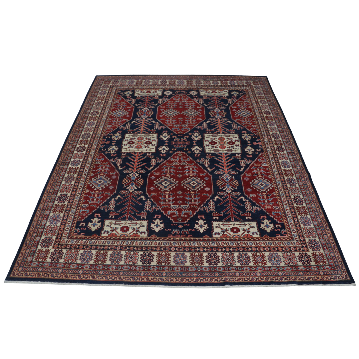 9x12 Blue Super Kazak Geometric Area Rug | Handmade Wool & Cotton Rug
