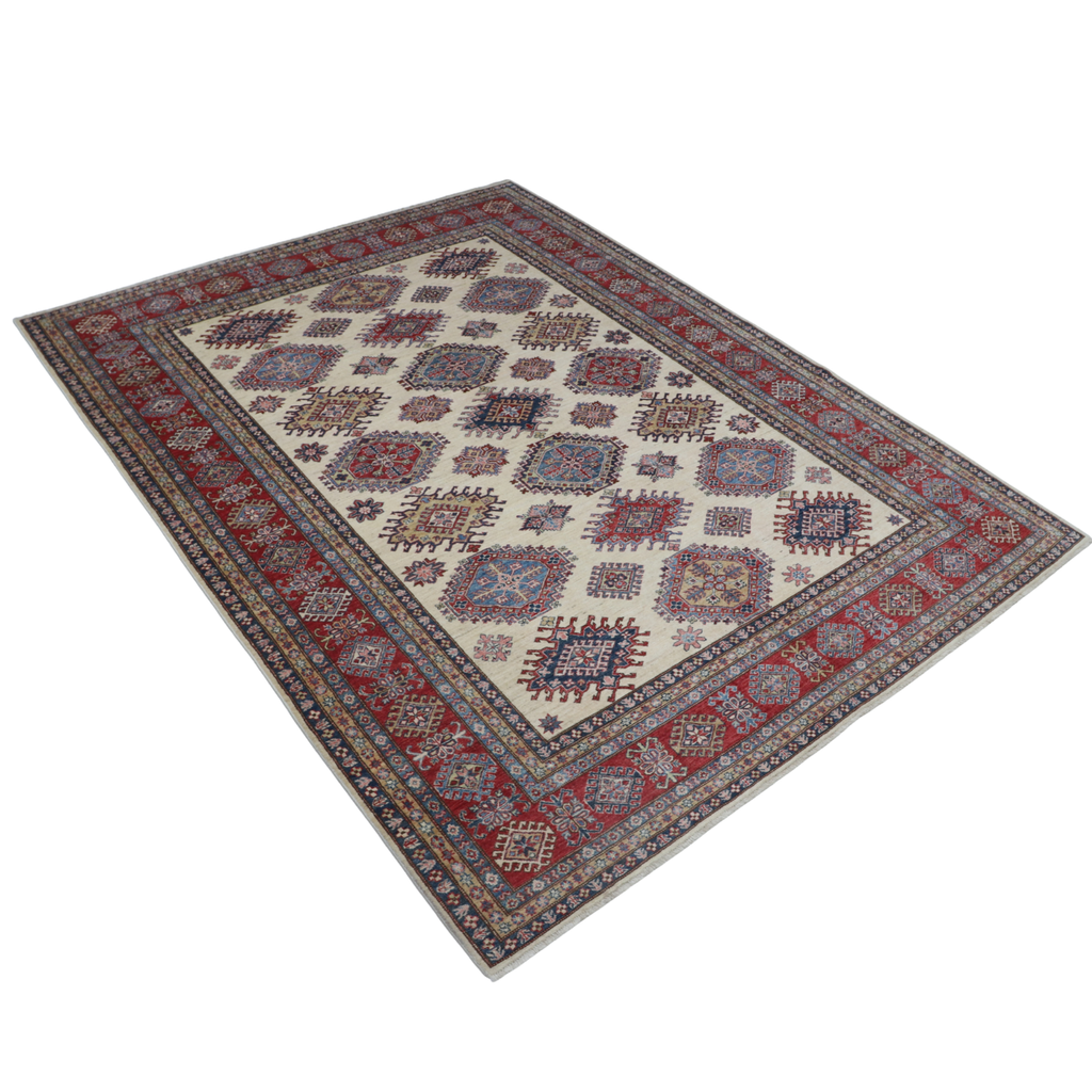 9x12 Beige Super Kazak Geometric Area Rug | Handmade Wool & Cotton Rug