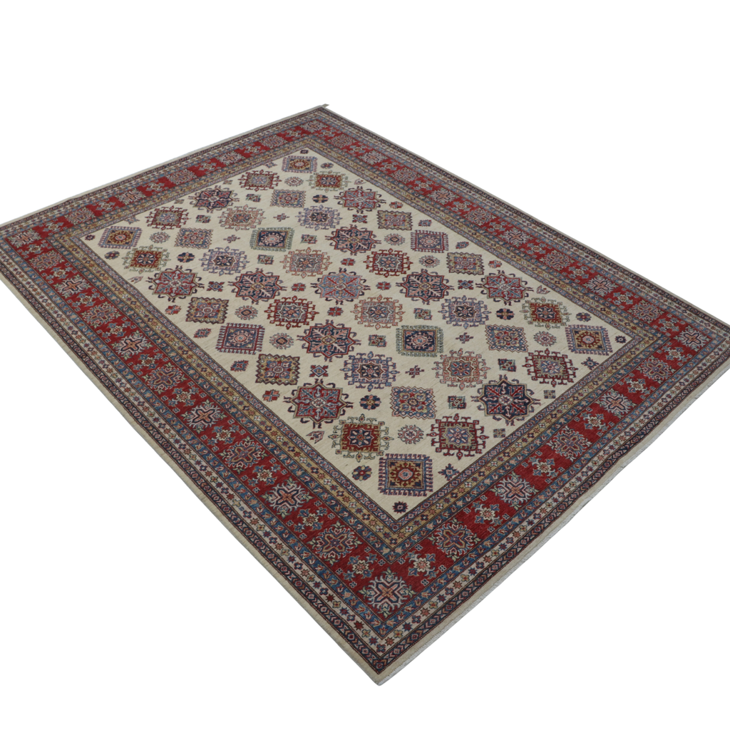 8x10 Beige Super Kazak Geometric Area Rug | Handmade Wool & Cotton Rug