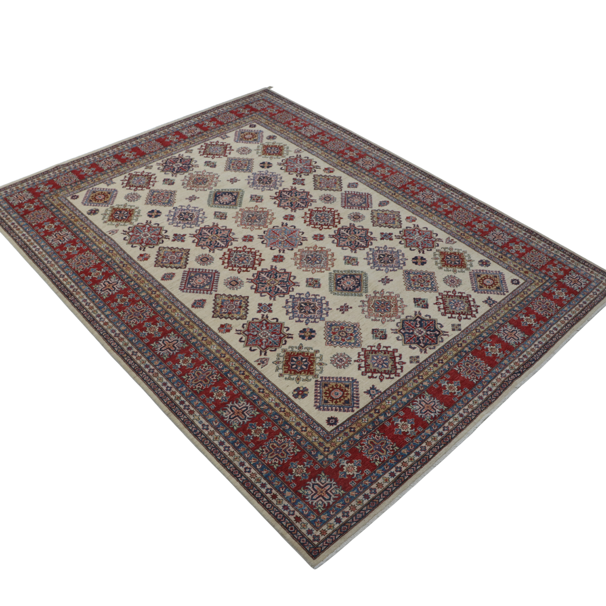 8x10 Beige Super Kazak Geometric Area Rug | Handmade Wool & Cotton Rug