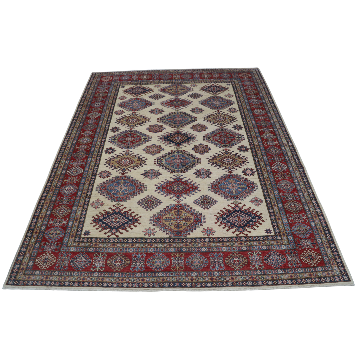 9x12 Beige Super Kazak Geometric Area Rug | Handmade Wool & Cotton Rug