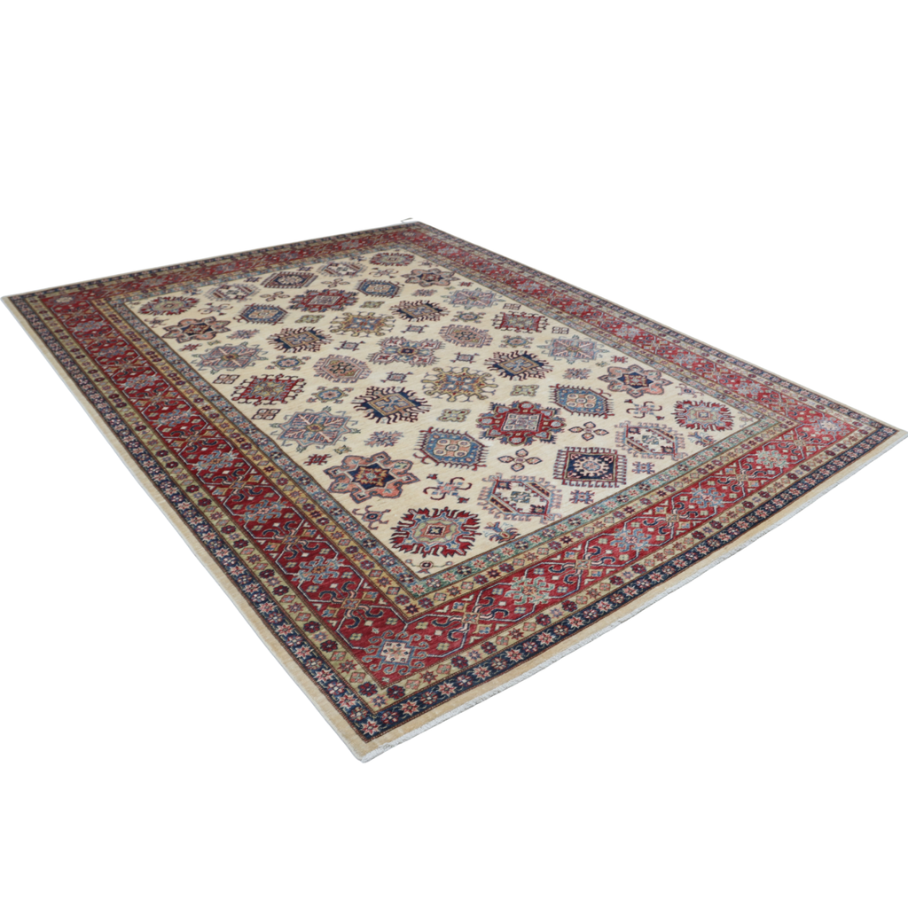 8x10 Beige Super Kazak Geometric Area Rug | Handmade Wool & Cotton Rug