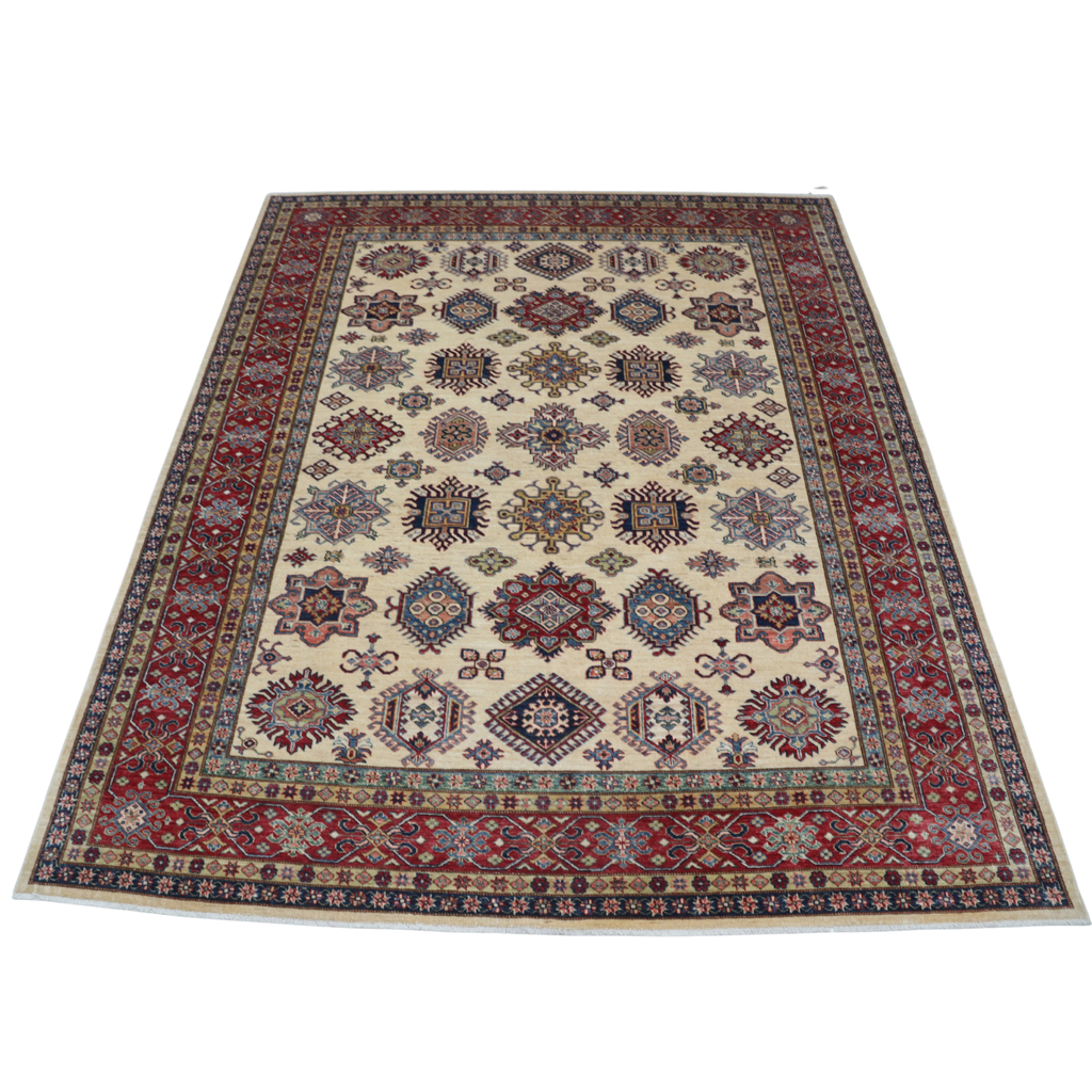 8x10 Beige Super Kazak Geometric Area Rug | Handmade Wool & Cotton Rug