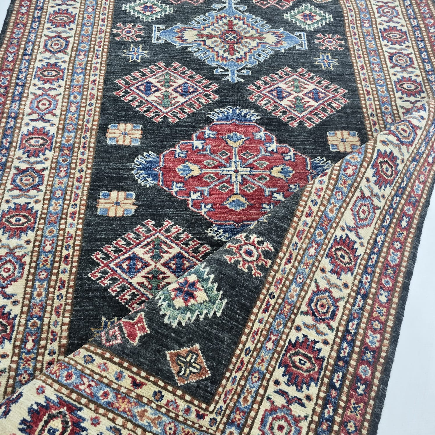 3x5 Black & Beige Super Kazak Floral Area Rug | Handmade Wool & Cotton Rug