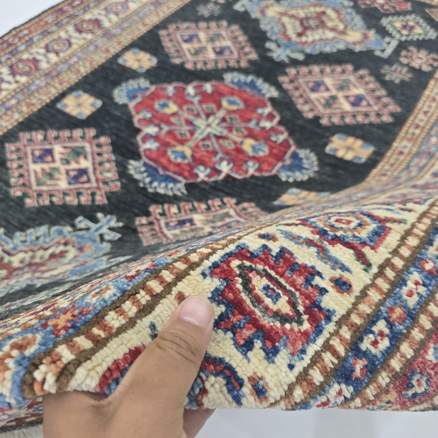 3x5 Black & Beige Super Kazak Floral Area Rug | Handmade Wool & Cotton Rug