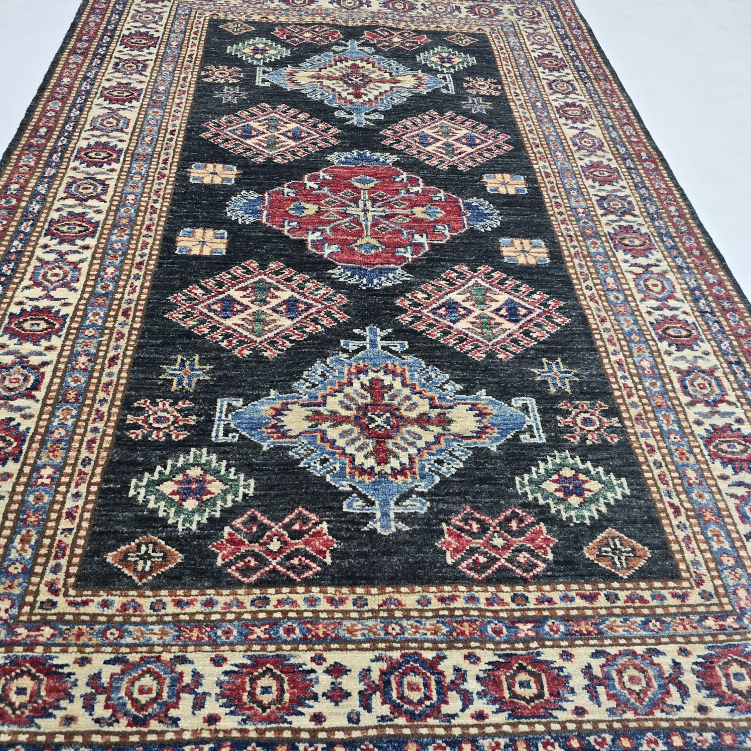 3x5 Black & Beige Super Kazak Floral Area Rug | Handmade Wool & Cotton Rug