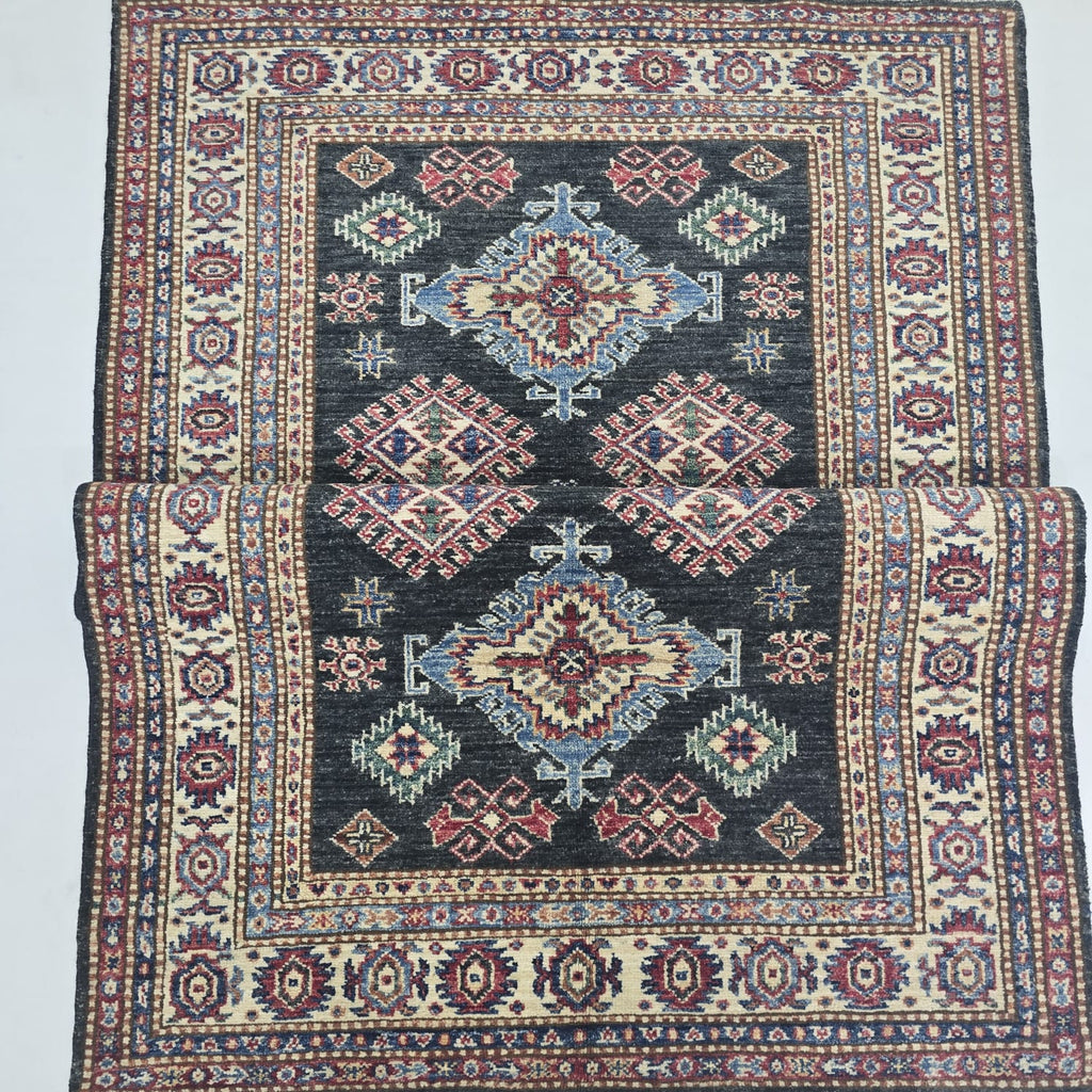 3x5 Black & Beige Super Kazak Floral Area Rug | Handmade Wool & Cotton Rug