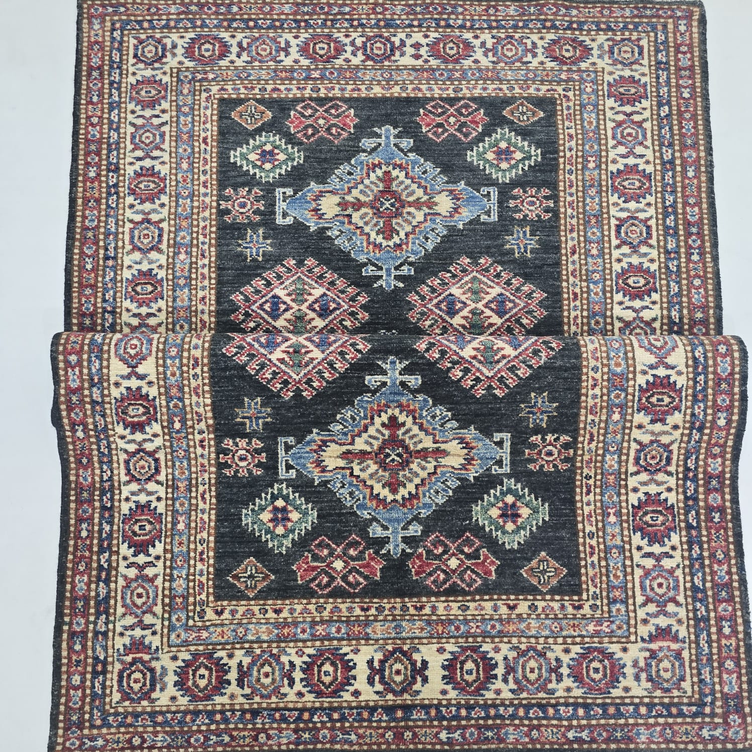 3x5 Black & Beige Super Kazak Floral Area Rug | Handmade Wool & Cotton Rug